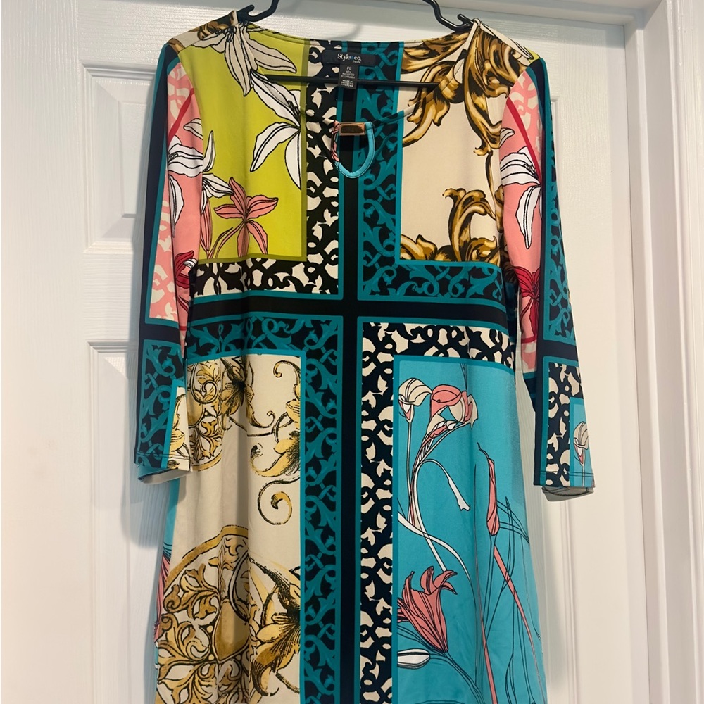 Style & Co. Teal and Black Patterned Dress